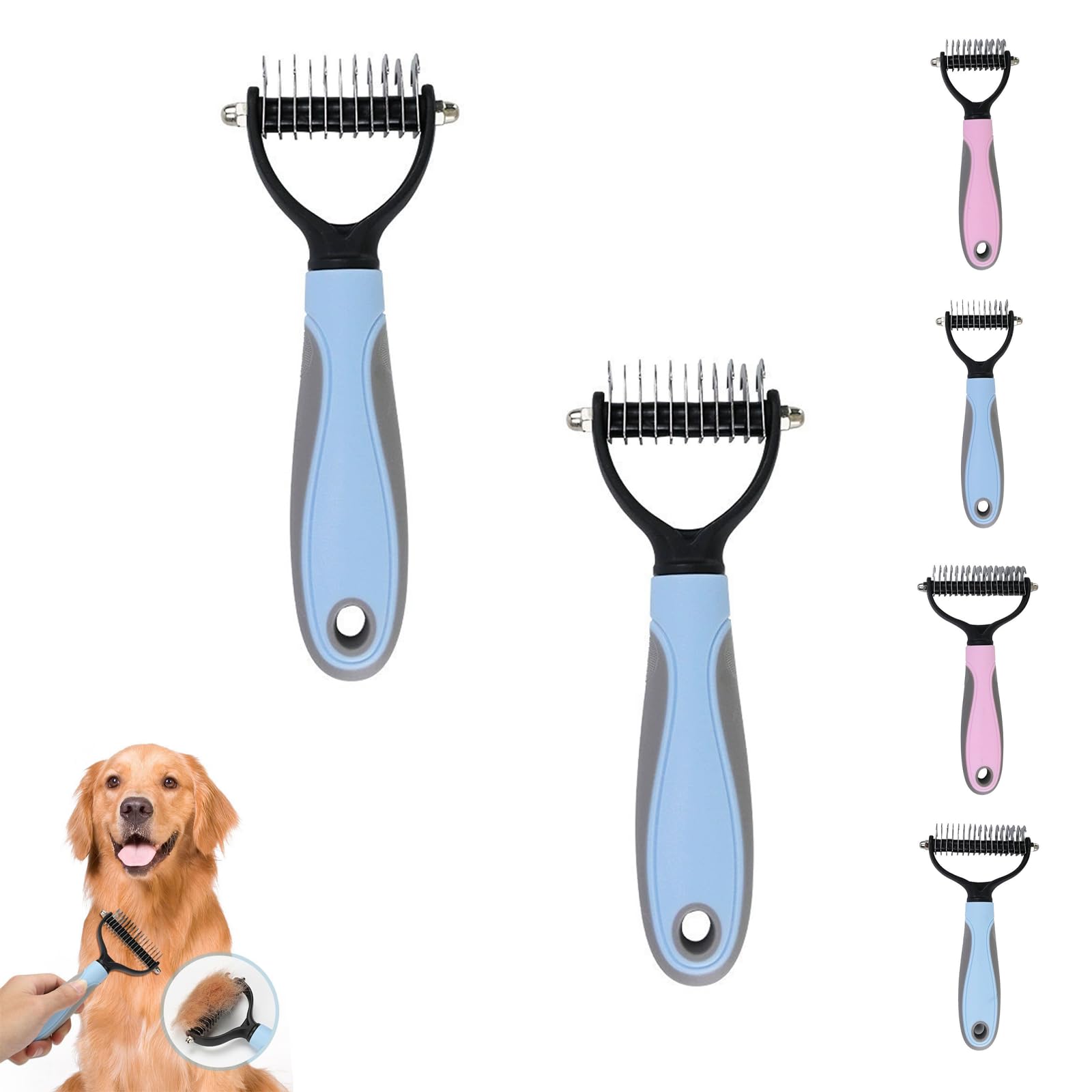 Double Sided Pet Grooming Brush for Dogs and Cats, Deshedding Dematting Comb for Removing Loose Fur, Tangles, Knots and Undercoat, Pet Hair Removal Tool (Blue,S,2Pcs)