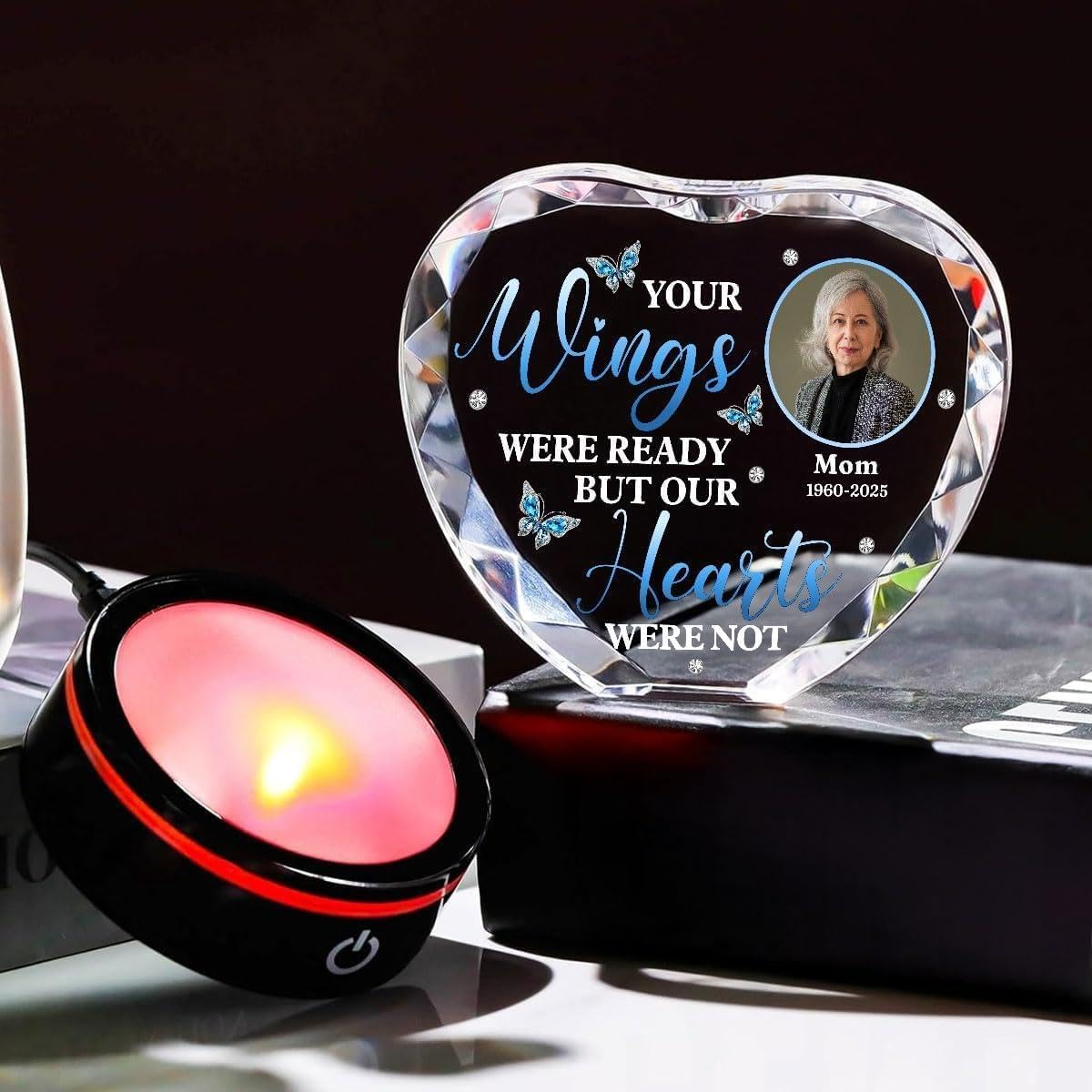 Your Wings were Ready But Our Hearts were Not - Personalized Elegant Memorial Crystal LED Light, Custom Engraved Gift for Loss of Loved Ones