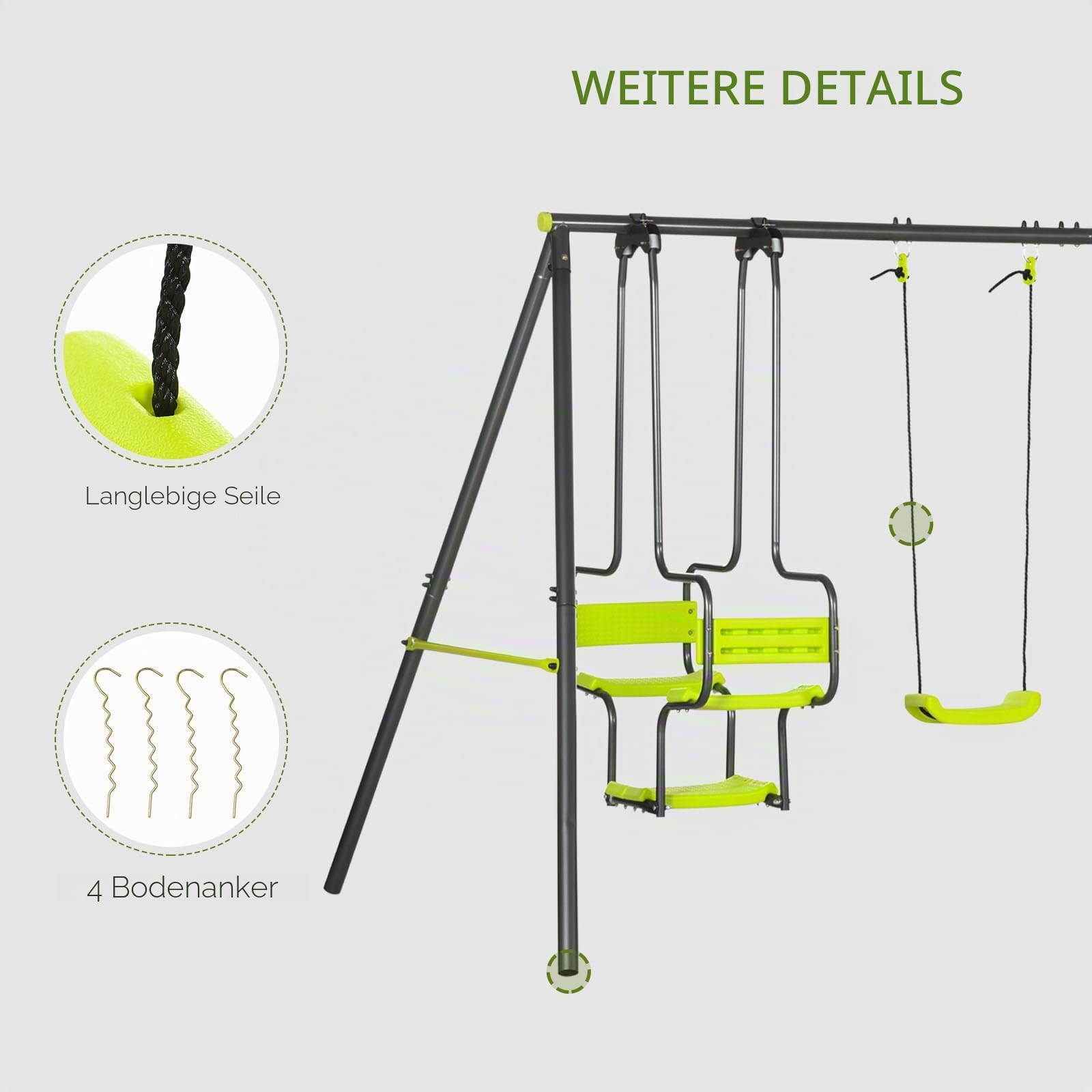 Outsunny Schaukel A-Rahmen Metall Doppelsitze 3-8 Jahre Grün | 2 Einzelschaukeln, Schaukelbrett, Außenspielplatz