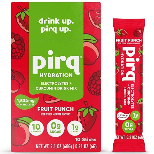 Pirq Hydration - Fruit Punch - Paquetes de polvo de hidratación Mezcla de bebida con electrolitos Curcumina Vitaminas B Cero azúcar Apto para