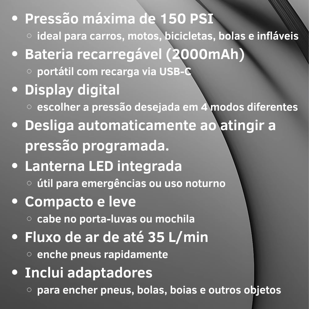 Compressor de Ar Portátil Recarregável 150 PSI com Bateria Dupla 2000mAh*2, Display Digital LED, Luz de Emergência e 4 Modos de Inflação para Carro, Moto, Bicicleta e Infláveis