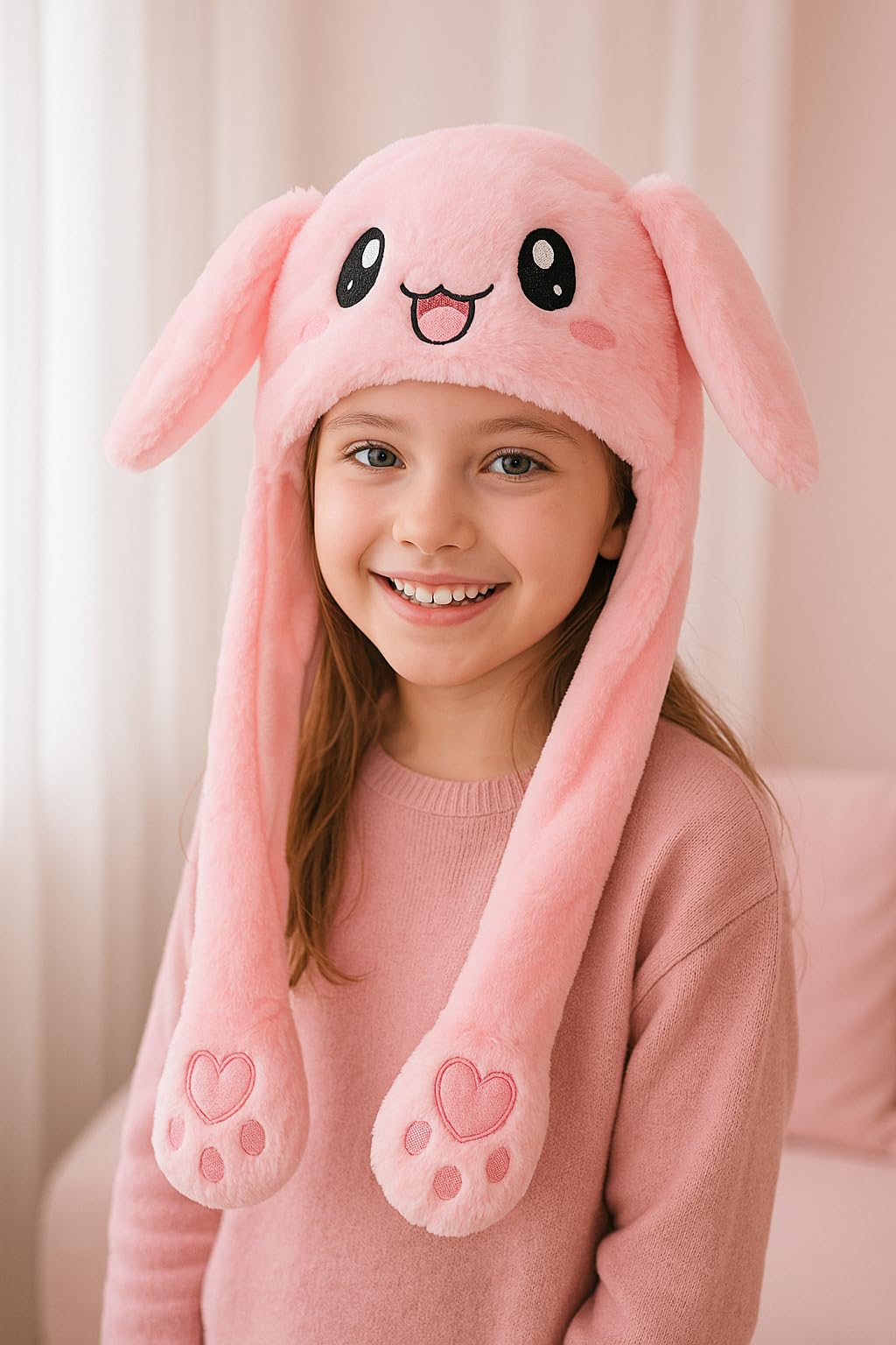 Cartell Bunny Cap with Moving Ears for Girls, Kids & Women | Animated Rabbit Ear Plush Winter Hat with Squeeze Paw | Cute Cosplay Party Gift - pack of 1 2