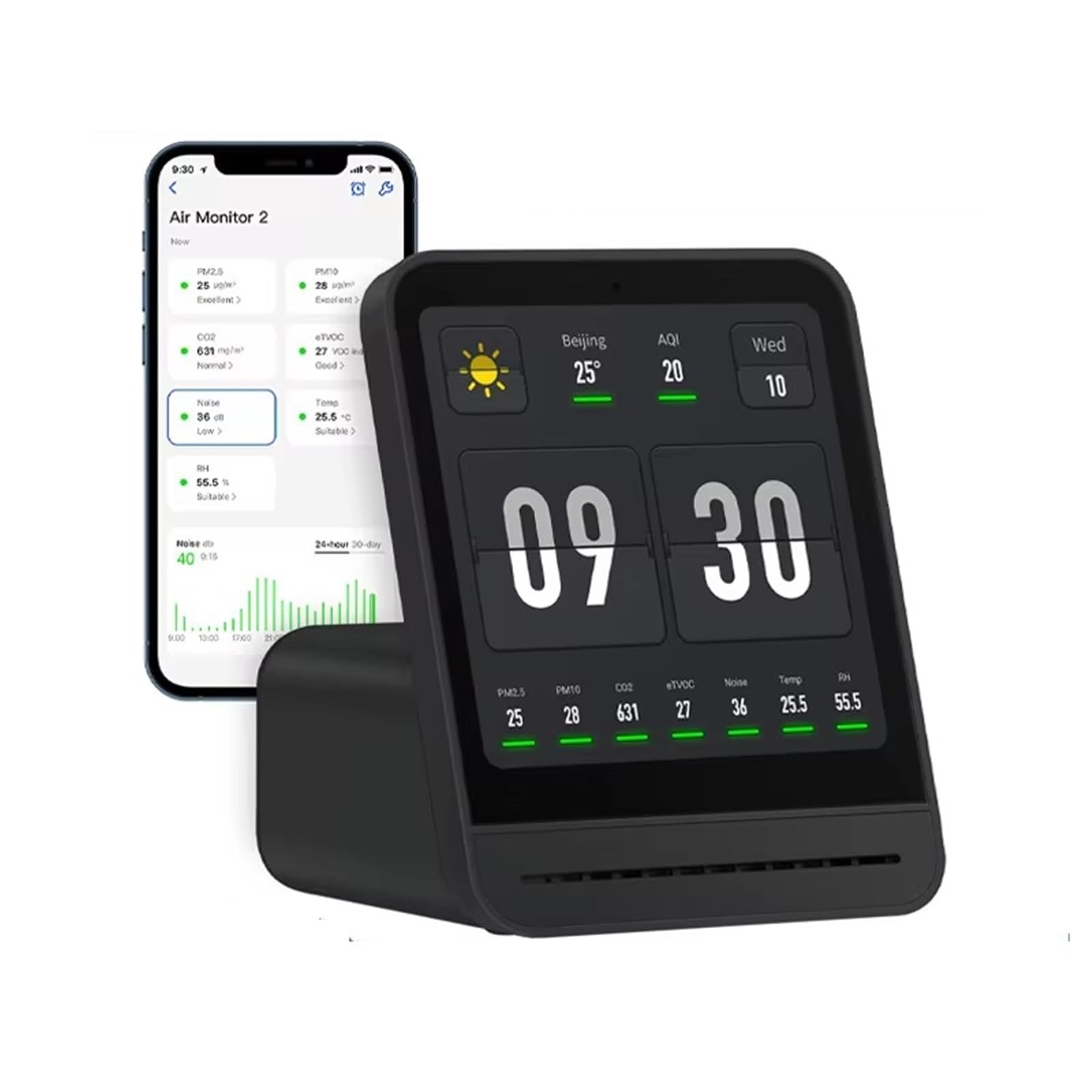 Detector de Gases, Monitor de Aire, Sensor Temperatura y Humedad, Detector Calidad CO2 PM2.5(Nero)