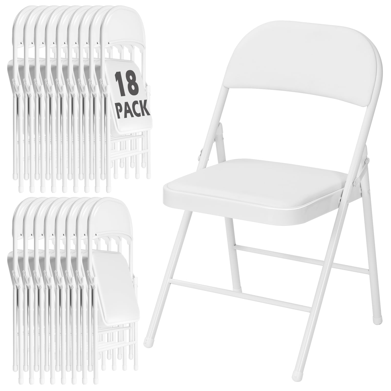 18 Pack White Padded Folding Chairs with Metal Frame