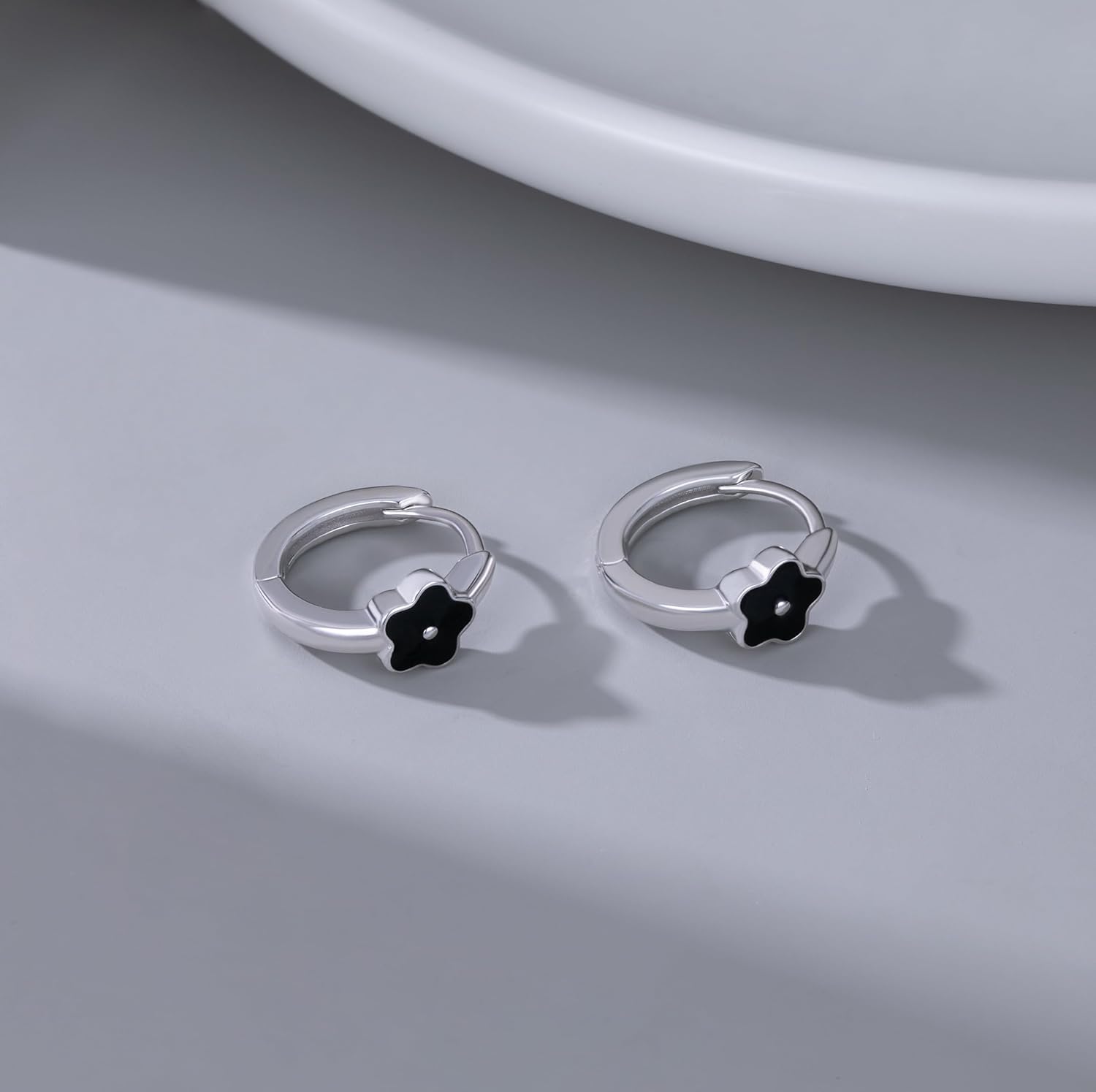 SLUYNZ Solid 925 Sterling Silver Black Flower Earrings Hoop for Women Teens Small Flower Hoop Earrings Huggie - Image 5