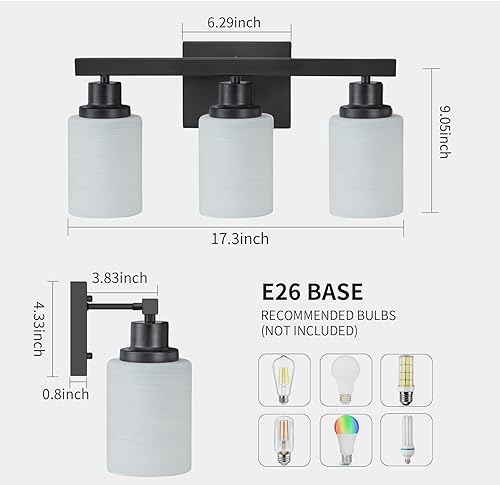 Miniatura 3 de Lámparas de baño de 3 luces sobre el espejo, modernas luces de tocador negras mate con pantalla de vidrio esmerilado blanco, apliques de pared de