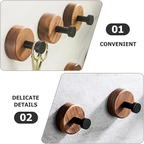 Miniatura 3 de Ganchos para bolsas, 2 ganchos de pared de madera, ganchos redondos adhesivos montados en madera rústica, gancho para bata, perchero para colgar