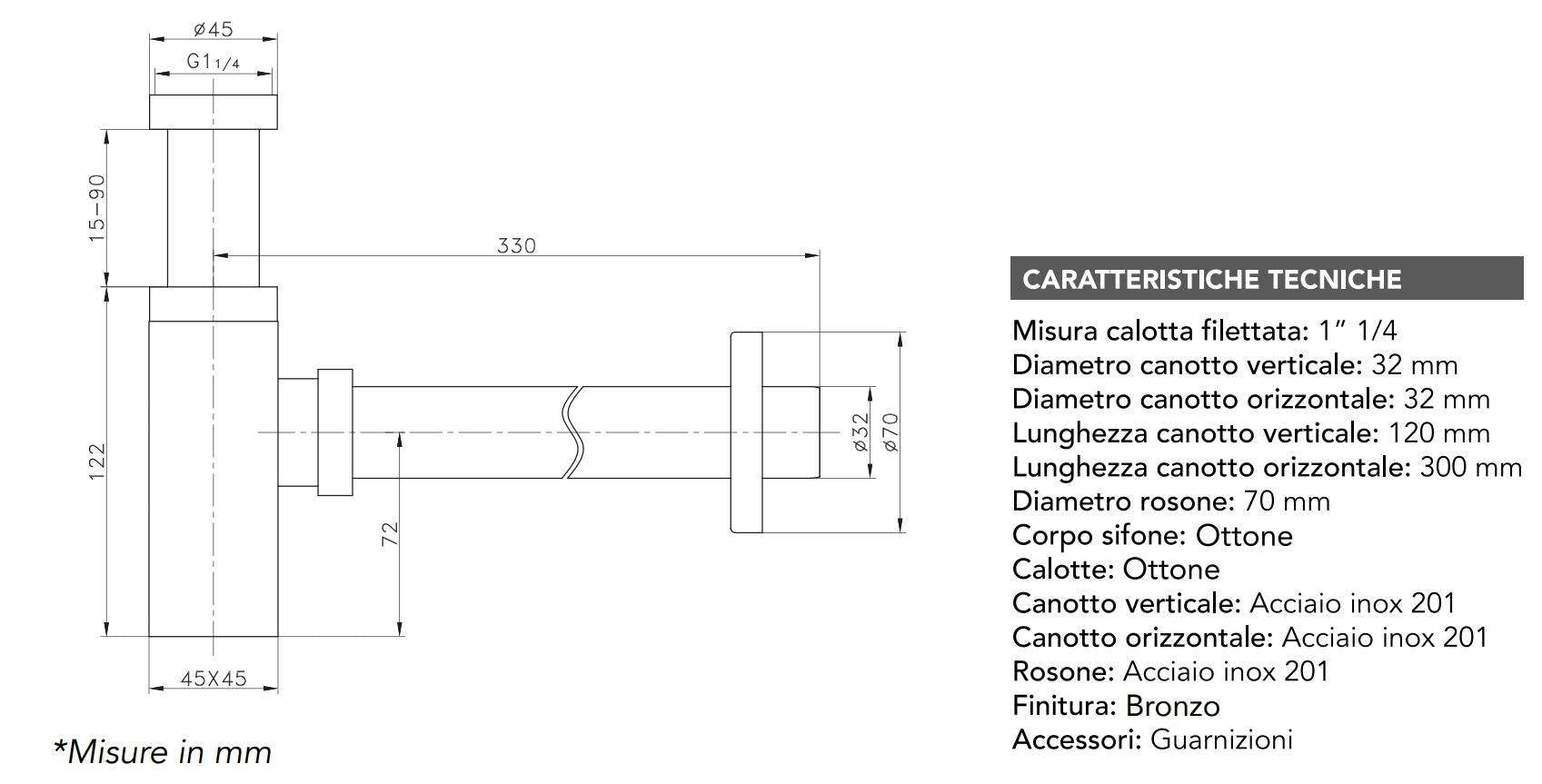 Damast - Sifone per lavabo Standard Colore Acciaio Spazzolato connessione 1" 1/4 18219 - RUB7535 - Acciaio Spazzolato
