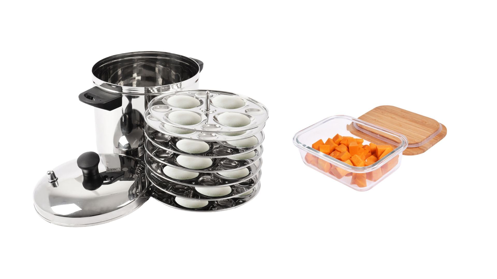 USHA SHRIRAM Stainless Steel Idli Cooker | Induction Friendly | Big & Small Idlis | Idly Maker | With Bamboo Lid | Steel Steamer For Cooking (Round (6 Plate) + Container (1.05L)) (B0CKHDFVHC) Amazon Price History, Amazon Price Tracker