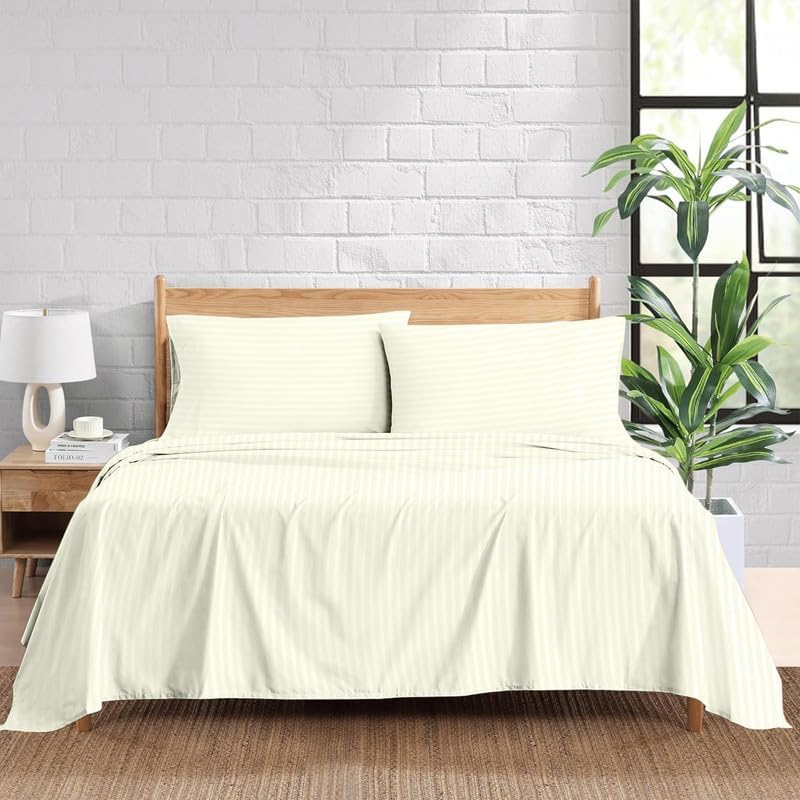 1100-Thread-Count 100% Egyptian Cotton Sheets, Luxrious 4-PCs Sheet Set Stripe Pattern, Soft and Silky, Fits Mattress Upto 18-21'' Deep Pocket (Twin, Silver Grey)