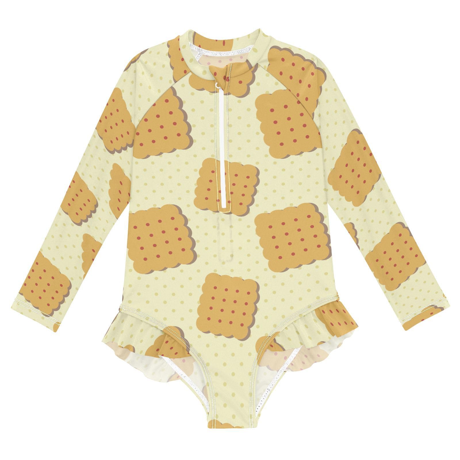 Ollabaky Baby Girls Long Sleeve Swimsuit Cracker Biscuit One Piece Bathing Suit Rash Guard UPF50+ Toddler Girl Swimwear, 11-12T Multi