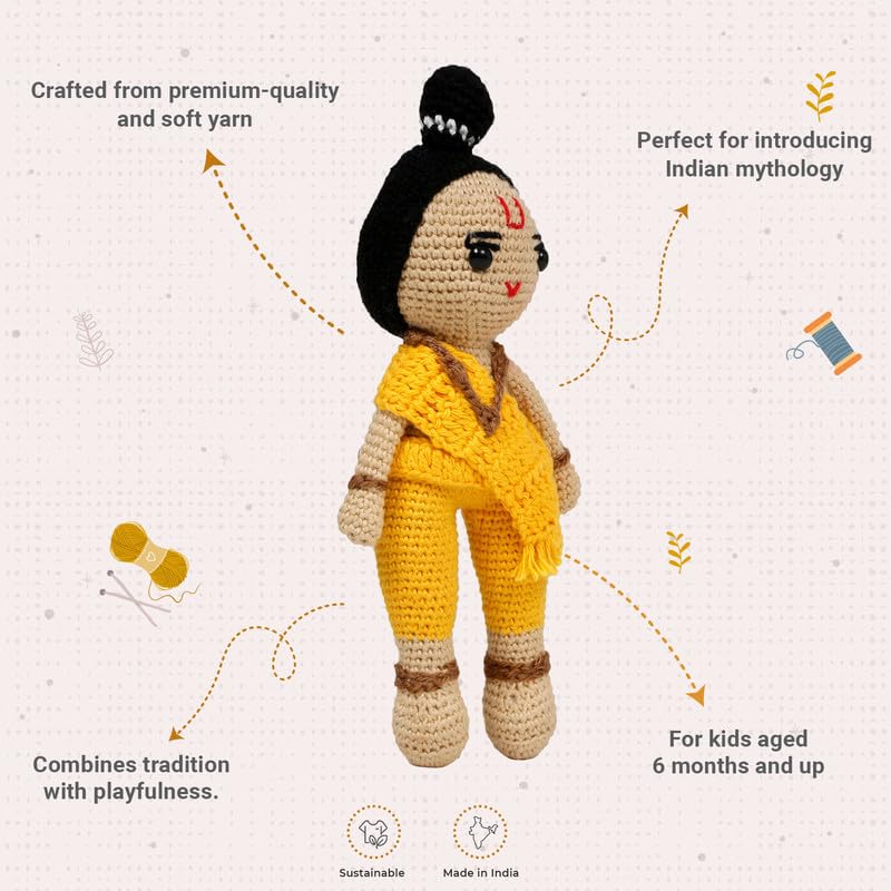 Image of LITTLE GINNIE Lord Ram Crochet Soft Doll for Babies -Yellow| Handmade Crochet Soft Toy for Kids Girls | Ideal for Birthday & Return Gift for 6+ Months