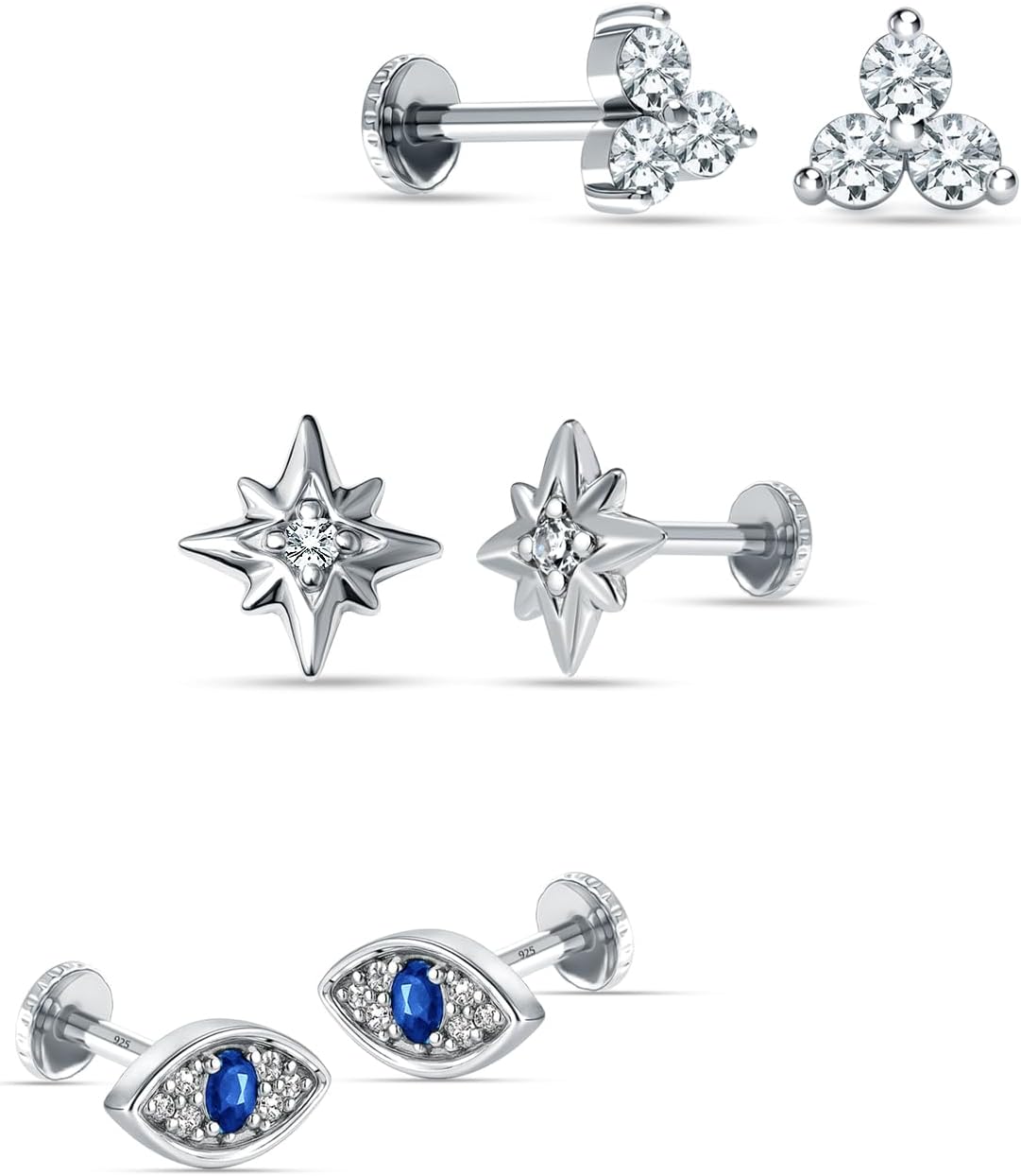 LeCalla Set of 3 Pairs 925 Sterling Silver Cubic Zirconia Stud Earrings for Women | Rhodium-Plated CZ Earrings Set with Evil Eye, Star, Moon, Lightning, Teardrop & Trio Designs