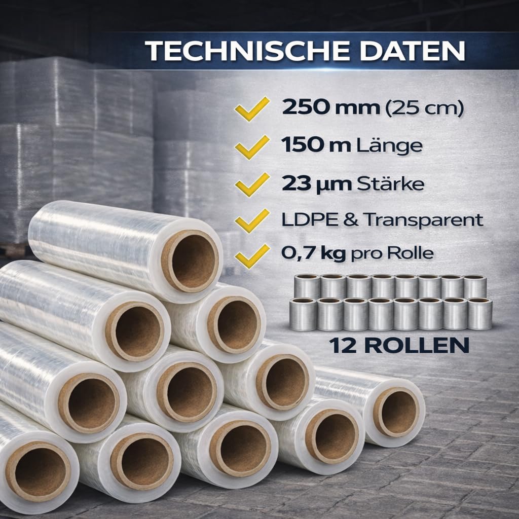 Stretchfolie Strechfolienrolle Transparent - 12 Rollen - 150 m/25cm - 23 µm - Handwickelfolie für Paletten & Versand - Folien Für Umzug - Wickelfolie - 150% Dehnbar - Umzugsfolie