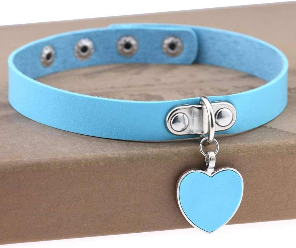 AKOAK Fashion Cool Rock Style Steampunk Punk Goth Heart-Shape Pendant Link PU Leather Collar Choker Necklace(Light Blue) - Image 2
