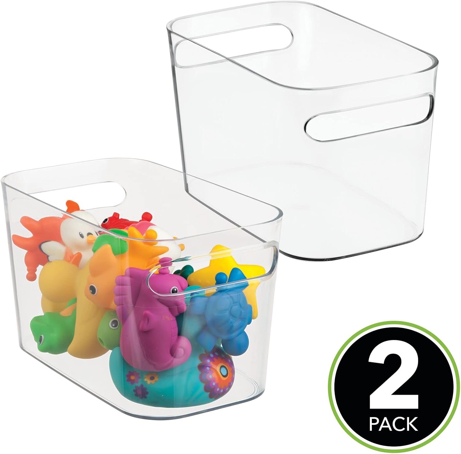 mDesign Plastic Toy Box Storage Organizer Tote Bin with Handles for Child/Kids Bedroom, Toy Room, Playroom - Holds Action Figures, Crayons, Building Blocks, Puzzles, Crafts - 10" Long, 2 Pack - Clear