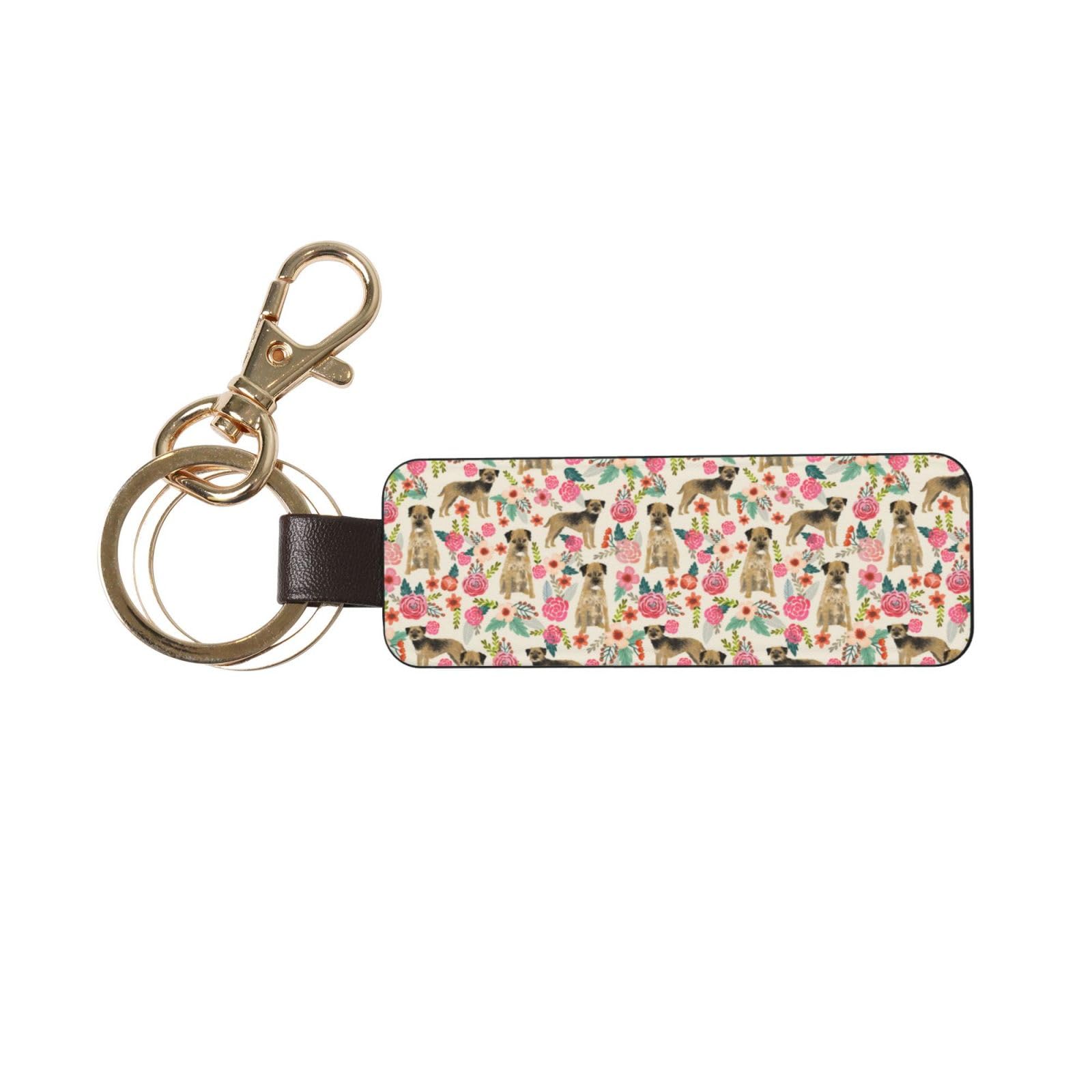 HCMuxisen Border Terrier Dog Vintage Florals, PU Leather Keychain, Keychains Keyring Key Chain Ring 1 pc