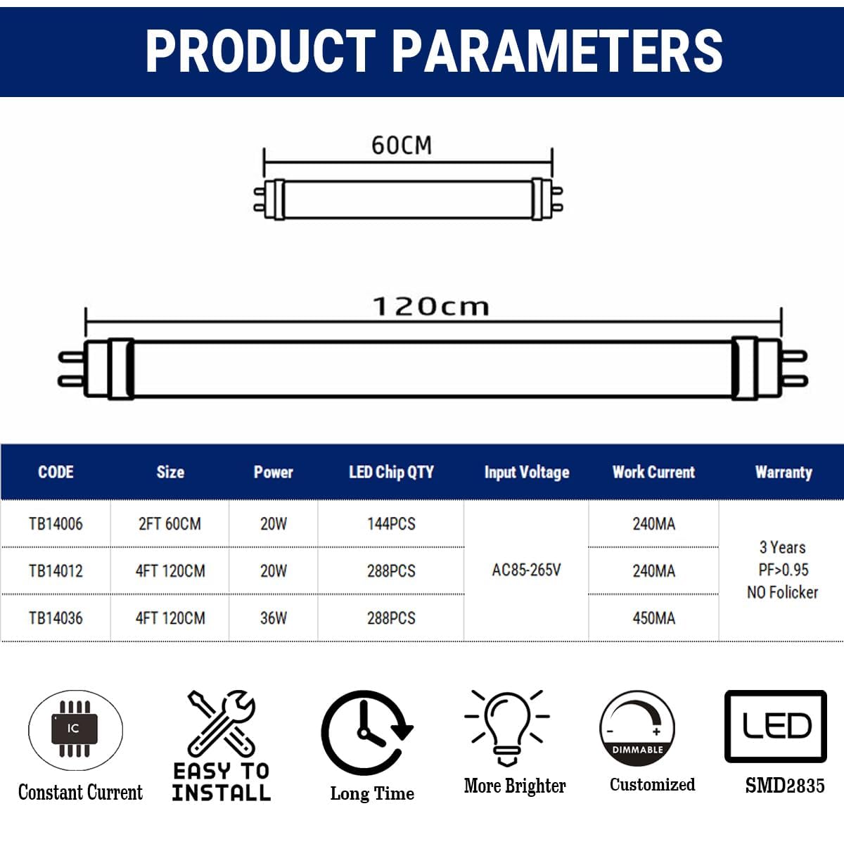 120CM 36W / 20W T8 Double puce conduit Tube, Haut PF Flicker-Free, Interface G13, Remplacez les tubes fluorescents, Pack de 6 (Blanc chaud 3000K, 1.2M 20W Couverture laitière)