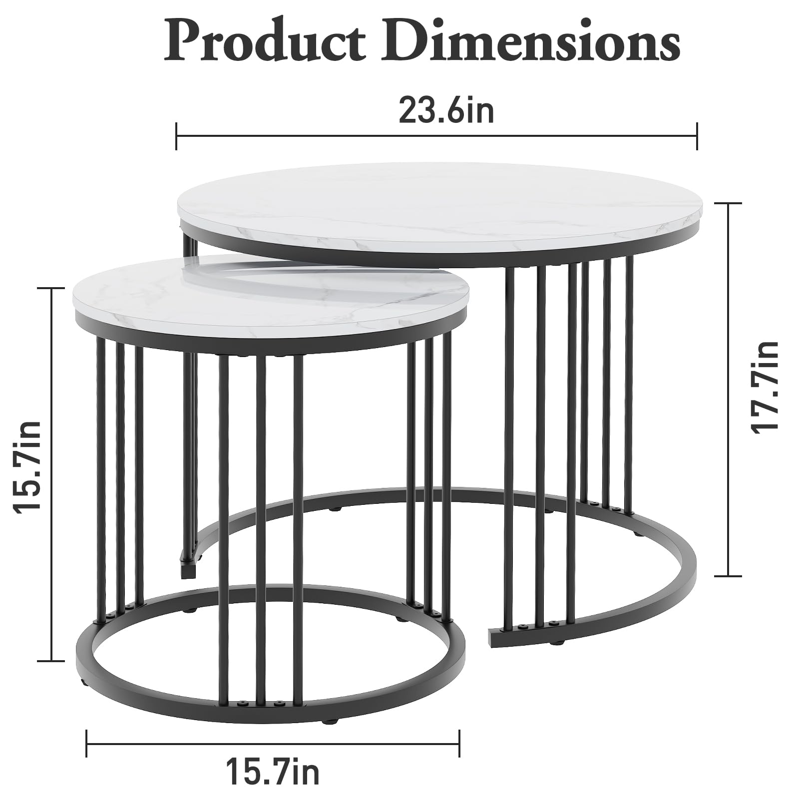 Couchtisch Rund, Satztisch 2er Set, Wohnzimmertisch, Couchtisch aus Holz, Beistelltisch Set, Sofatisch für Wohnzimmer, Schlafzimmer, Büro, Balkon, Schwarz Metallgestell und Weiß Marmor Tischplatte
