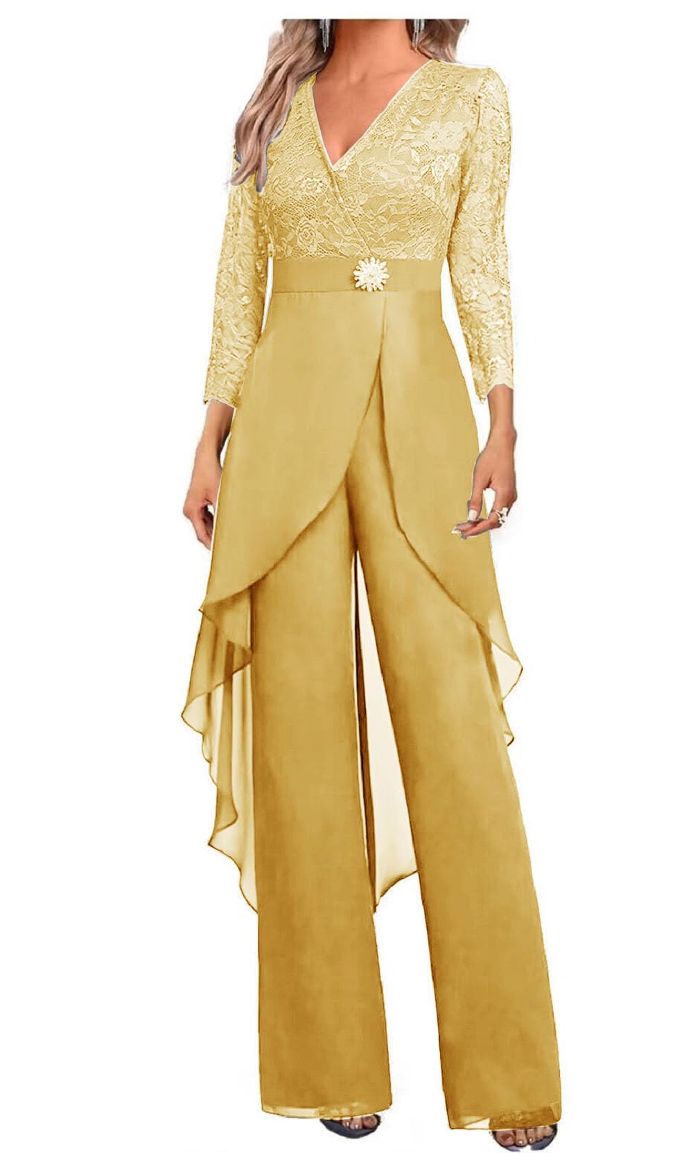 Ensemble 2 pièces en mousseline de soie et dentelle pour invités de mariage avec manches 3/4 et strass