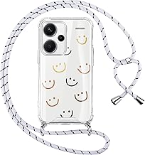 Case for Xiaomi Redmi Note 13 Pro+ 5G/Note 13 Pro Plus with Rope, Transparent Case with Smiley Pattern and Lanyard Strap Pendant Necklace, Anti-Shock, Anti-Scratch Protective Case, White