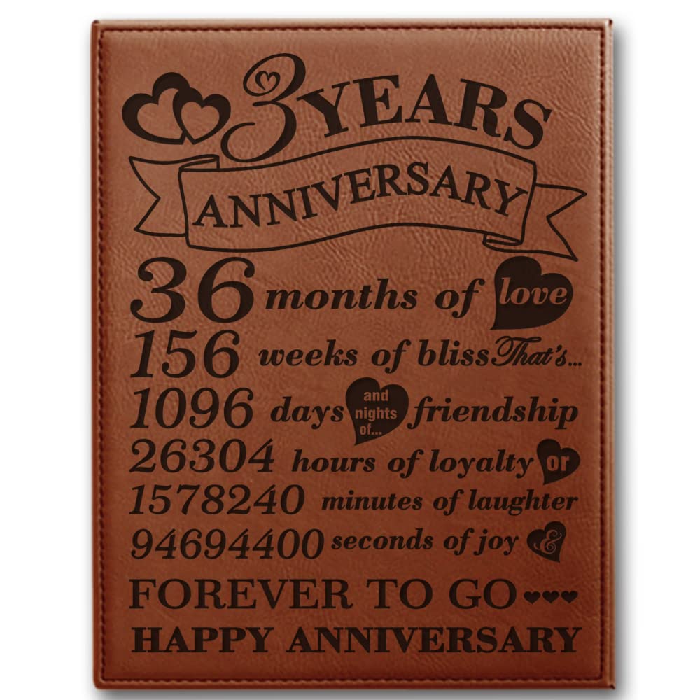 BELLA BUSTA- 3 Years Anniversary-Years, Months, Weeks, Days, Hours, Minutes, Seconds- 3rd Wedding Anniversary- Engraved Leather Plaque (7 x 9 Vertical (Rawhide))