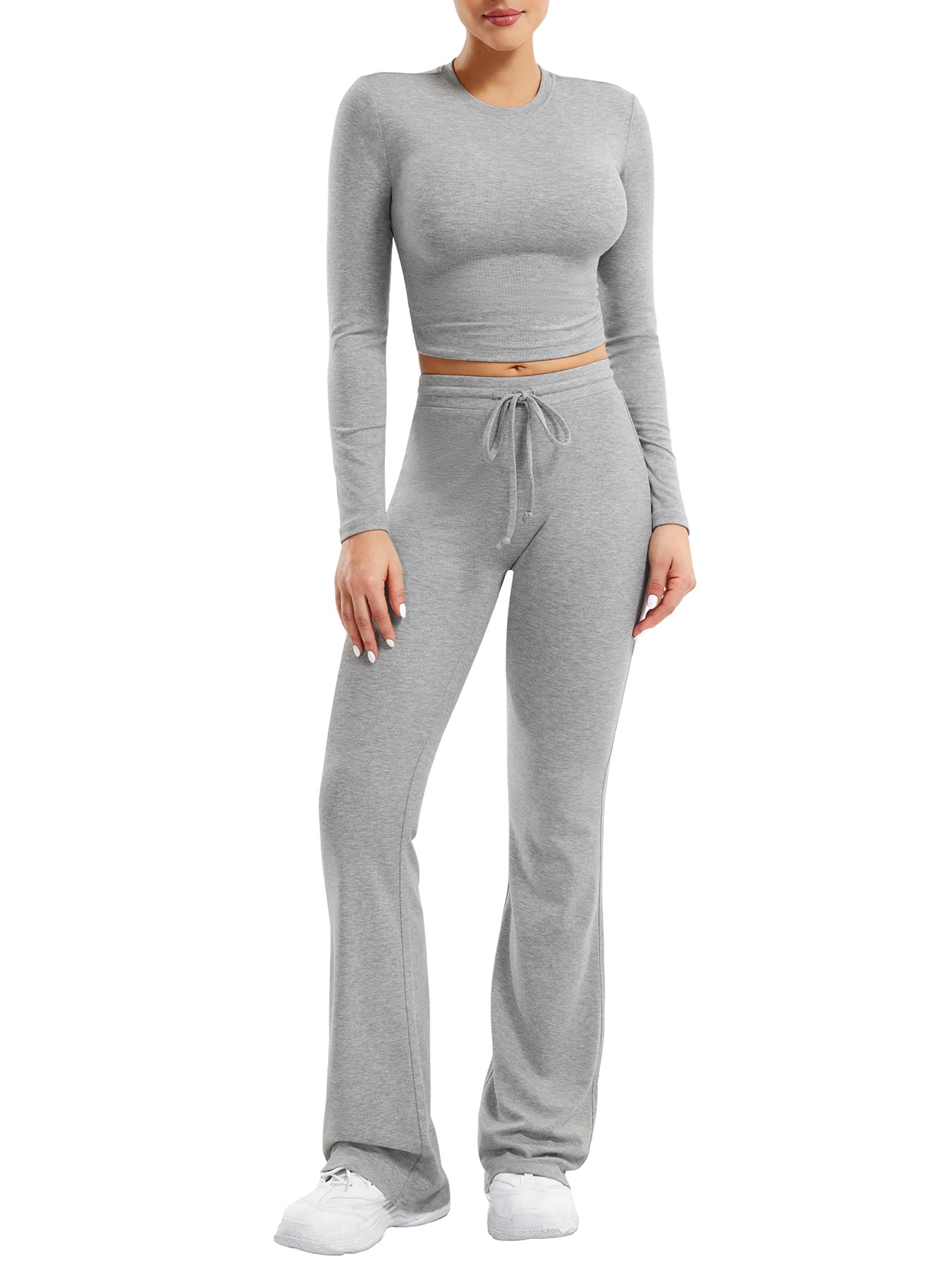 YEOREO Two Piece Sets for Women Long Sleeve Tops Lounge Set Drawstring Wide Leg Pants Ava Matching