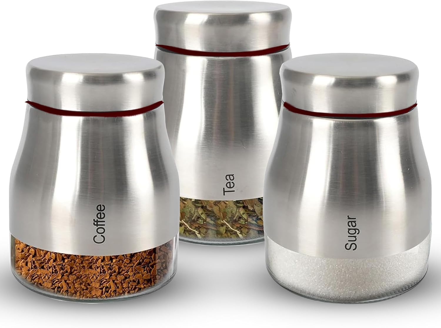 ATEK Tea Coffee and Sugar Canisters Sets for the Kitchen, Set of 3 Multipurpose Kitchen Containers for Sugar Spices Modern Kitchen Jars Glass tea coffee sugar canisters Pots Easy to Clean