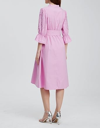 Kedera Womens Midi Summer Dresses Casual 3/4 Sleeve V Neck High Waisted Embroidered Cotton Flowy Dress 2025 with Pocket