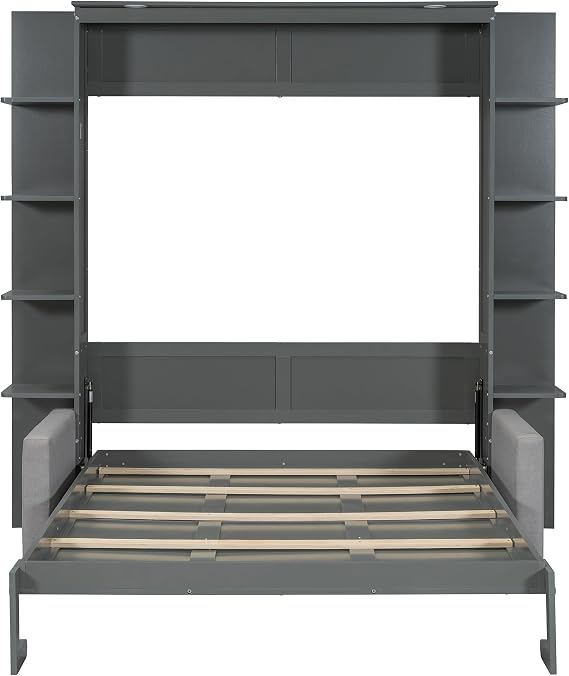 LUMISOL Queen Size Murphy Bed Wall Bed with Sofa, Horizontal Murphy Bed with Storage Shelves, No Box Spring Needed, Gray