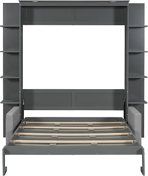 LUMISOL Queen Size Murphy Bed Wall Bed with Sofa, Horizontal Murphy Bed with Storage Shelves, No Box Spring Needed, Gray