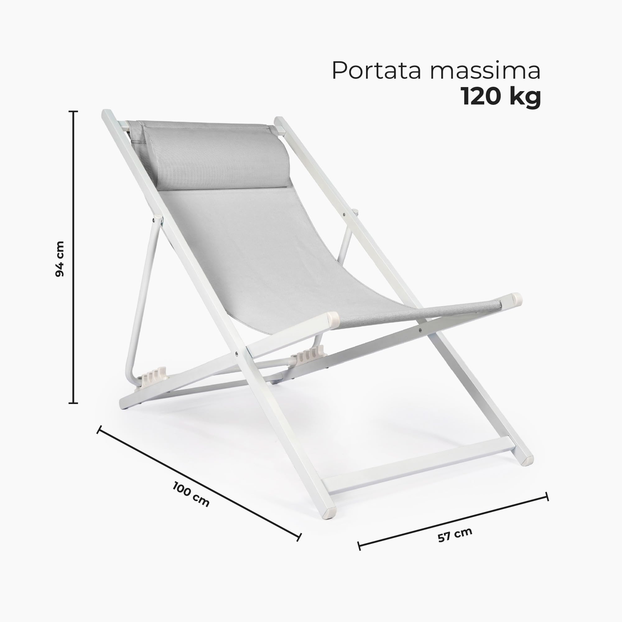 IlGruppone Set 2 Sdraio Mare Pieghevoli Reclinabili con Poggiatesta, Lettini da Spiaggia in Acciaio e Textilene, Sedie Relax per Giardino, Piscina, Terrazza e Campeggio, Beige - Grigio