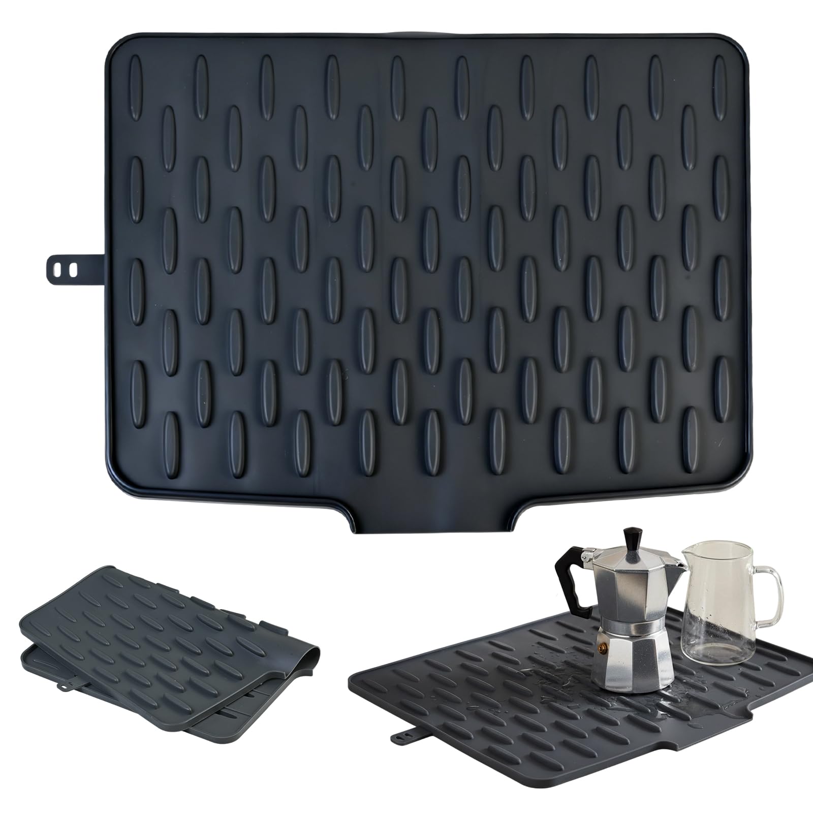 Merzio Silicone Dish Drying Mat for Kitchen Counter, Large Draining Board Mat with Fast Drainage Lip, Heat Resistant & Non-Slip Sink Drainer Mat, Easy Clean Rubber Drying Pad for Dishes, Pans (Grey)