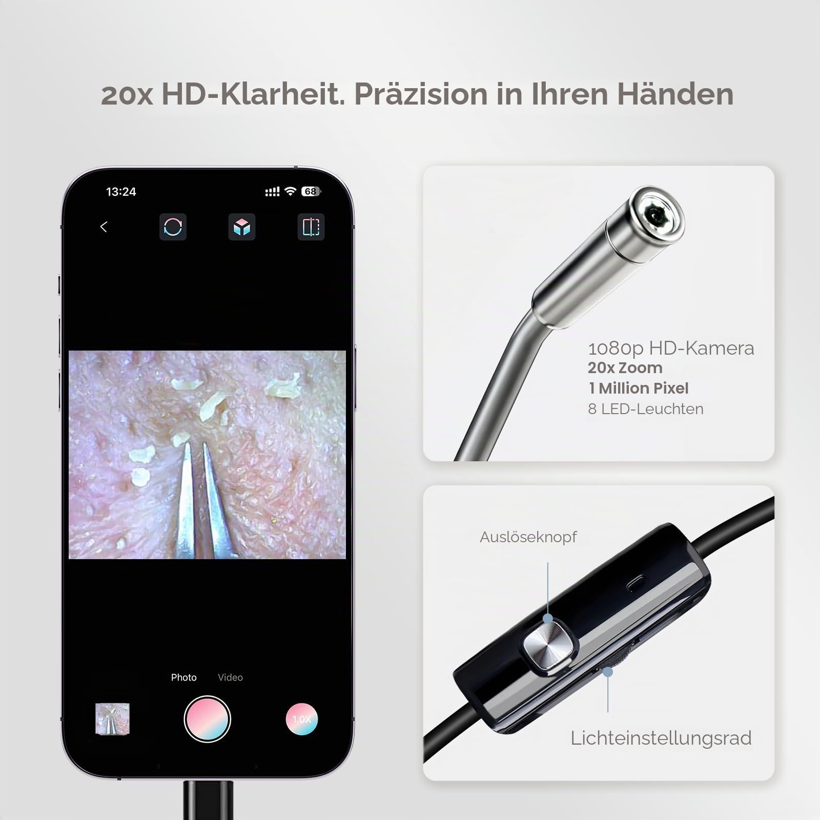 Luma 1 Visuelle Mitesser-Entferner Pinzette mit Kamera – Pimple Popper Tool mit 20-facher Vergrößerung, 1080P, 8 LED-Lichtern, inklusive Mitesser-Entferner-Set (6-teilig), Titan
