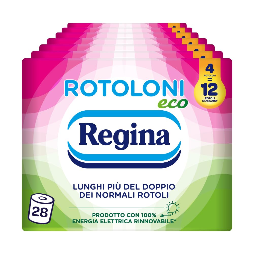 Regina Rotoloni Eco - 28 Maxi Rotoli di Carta Igienica, 500 Fogli a 2 Veli, Lunghi Più del Doppio dei Normali Rotoli, Confezione in Carta Riciclabile, Carta 100% Certificata FSC