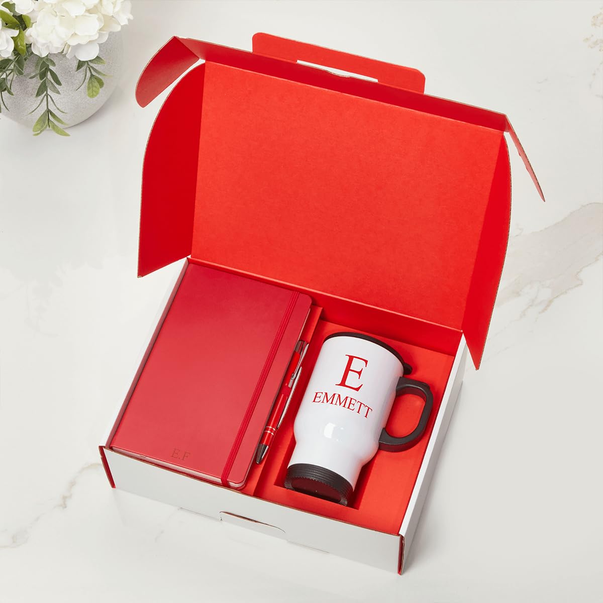 BGExpress Personalised Gift Set - Notebook, Pen & White Travel Mug Gift Set - Premium Business Gifts for Clients, Employees & Partners (Red) — image 1