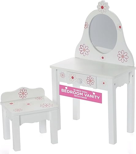 Emily Rose Muebles de muñecas de 18 pulgadas, juego de tocador de madera rosa y blanco con silla de almacenamiento y cajón, colección floral,