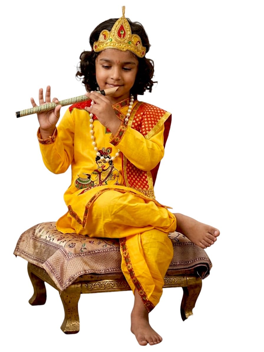Kids Krishna Fancy Dress Costume Set with Mukut, Flute, Peacock Feather & Dhoti for Janmashtami and School Functions