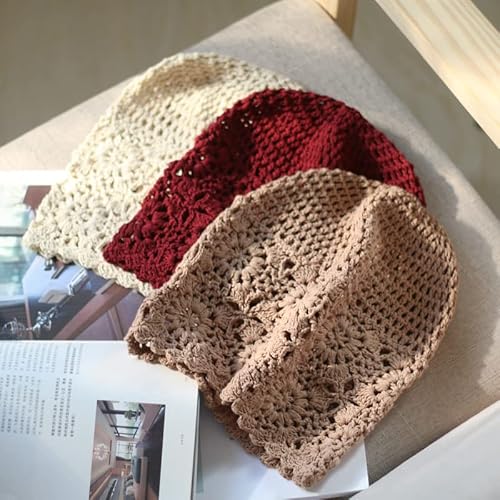 Maxpetus Hand Woven Hollowed-Out Hat Stylish And Charming Flower Beanie (Khaki) #TOP1