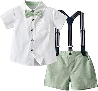 Yaopelky Toddler Boy Summer Gentleman Outfits Short Sleeve Shirt with Bow Tie Braces Shorts Suit 1-8 Years
