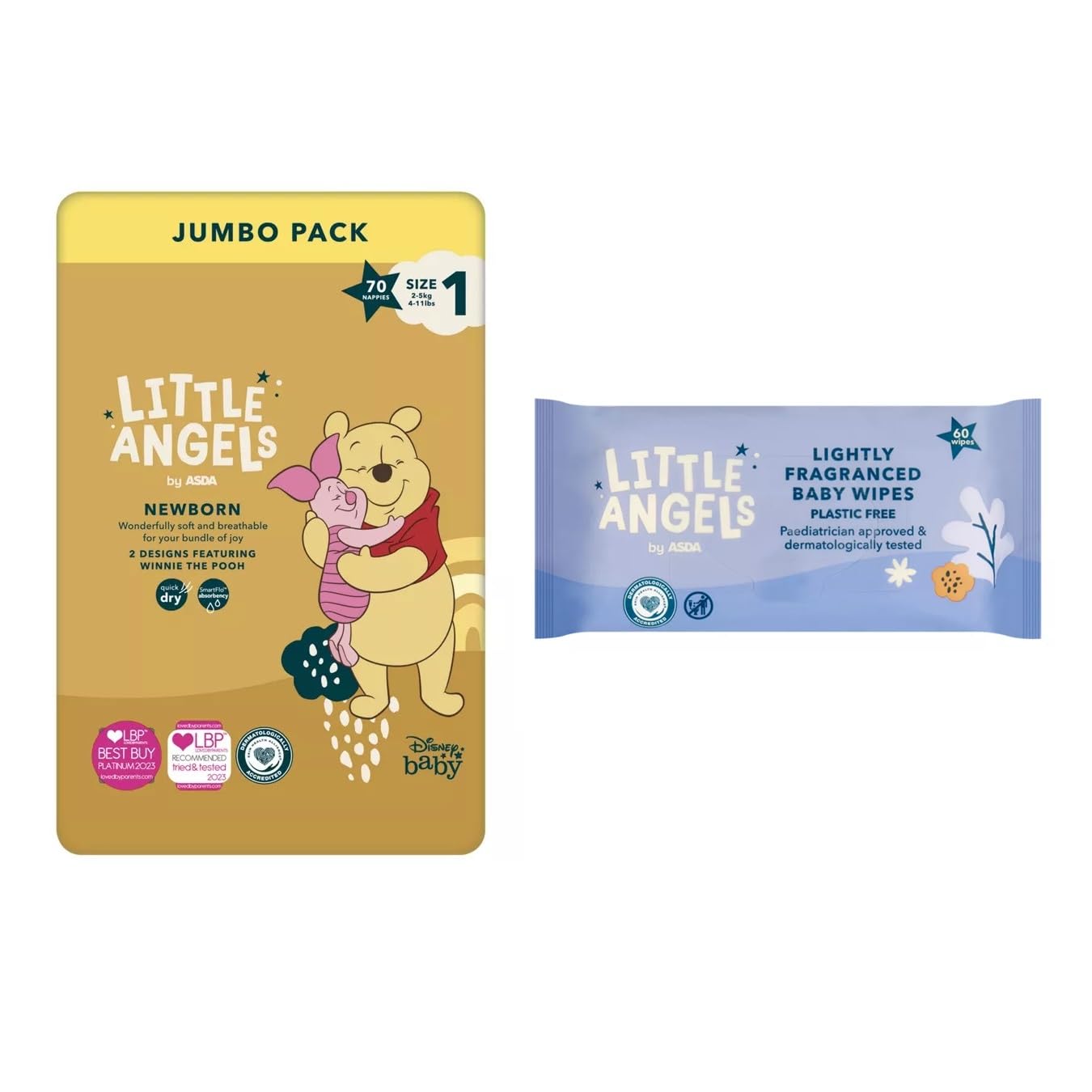 Little Angels Size 1 Nappies NewBorn Disney Jumbo 70 Pack + 60 Lightly Fragranced Baby Wipes