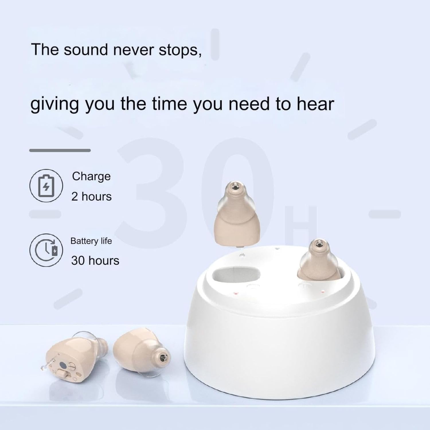 Image of the charging case with hearing aids, indicating 'Charge 2 hours' and 'Battery life 30 hours'.