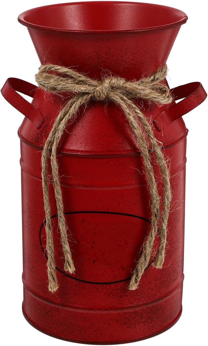 French Style Flower Vase Shabby Chic Milk Can Rustic Galvanized Flowers Bucket Metal Pitcher Jug Plant Container for Decor (Red)