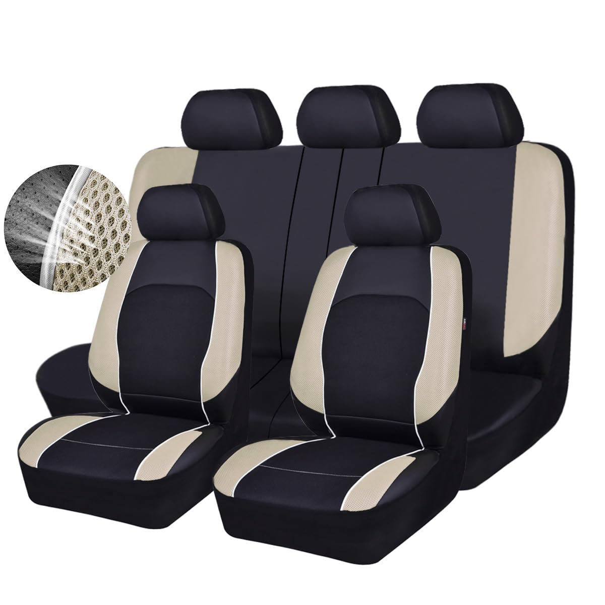 Leather Car Seat Covers, 3D Air Mesh Universal Seat Cover Full Set for Truck,Suvs,Sedans,Breathable Faux Leather with Airbag(Black and Beige)
