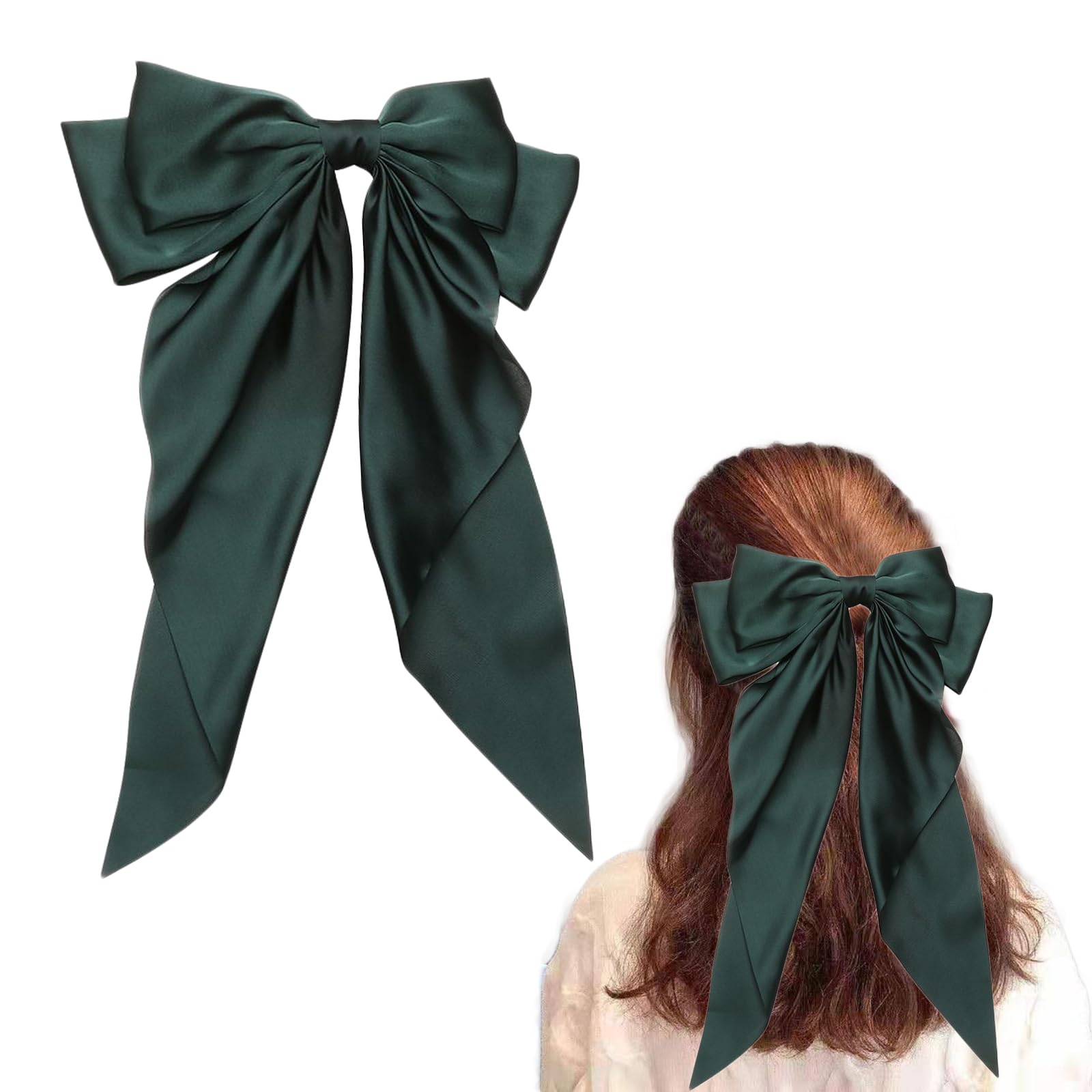 Bow Hair Clip Hair Bows for Women Big Bowknot Hairpin French Hair Clips with Long Ribbon Solid Color French Barrette Clip Soft Satin Silky Hair Bows(Green)