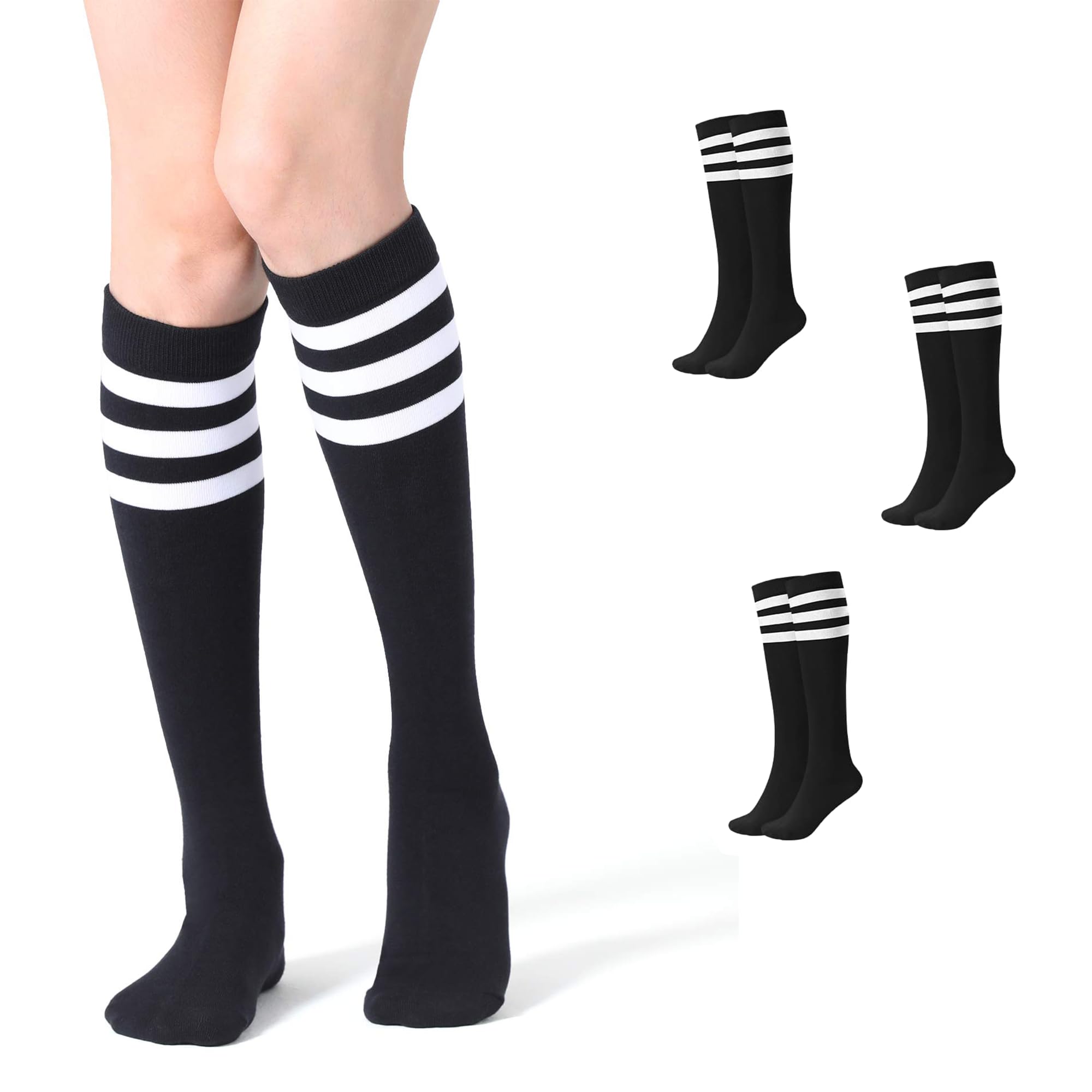 Carnavalife 3 Pares Calcetines Largos Mujer Niñas Negras Rayas Blancas Algodón Hasta la Rodilla, Uniforme Escuela Futbol Retro 70s Medias Largas Miercoles Disfraz Familia Addams