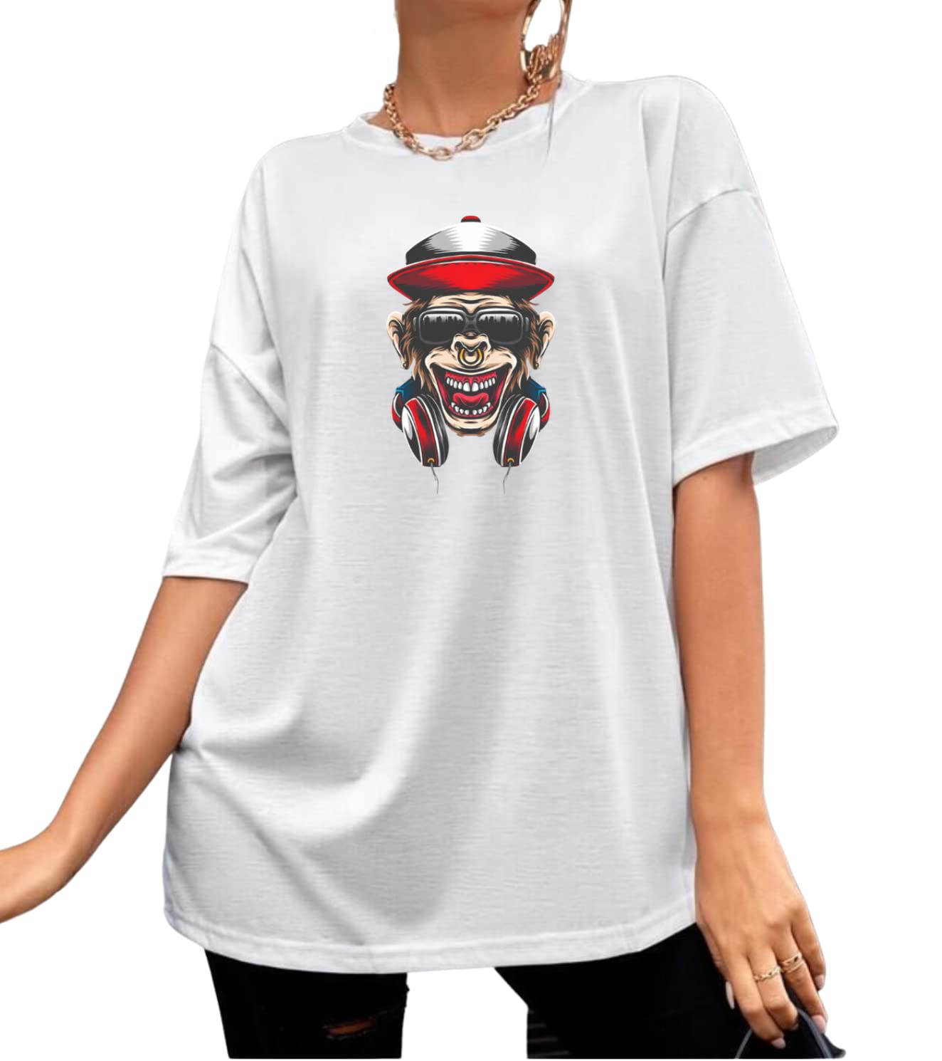 CALM DOWN Round Neck Oversized Printed RedMonkey T-Shirt for Women