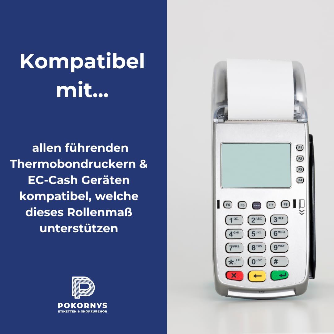 POKORNYS – 50 Thermorollen 57x45x12mm für EC Cash Geräte & Bondrucker I Blanko I BPA-frei I Thermo Papier für Thermodrucker (Breite 57mm x Länge 25m x Innen ⌀ 12mm x Außen ⌀ 45mm)