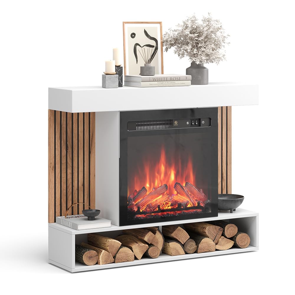 Vicco Caminetto elettrico "Lynea", Bianco, 100 cm | con effetto fiamma realistico e riscaldatore da 1800W, utilizzabile a parete o autoportante