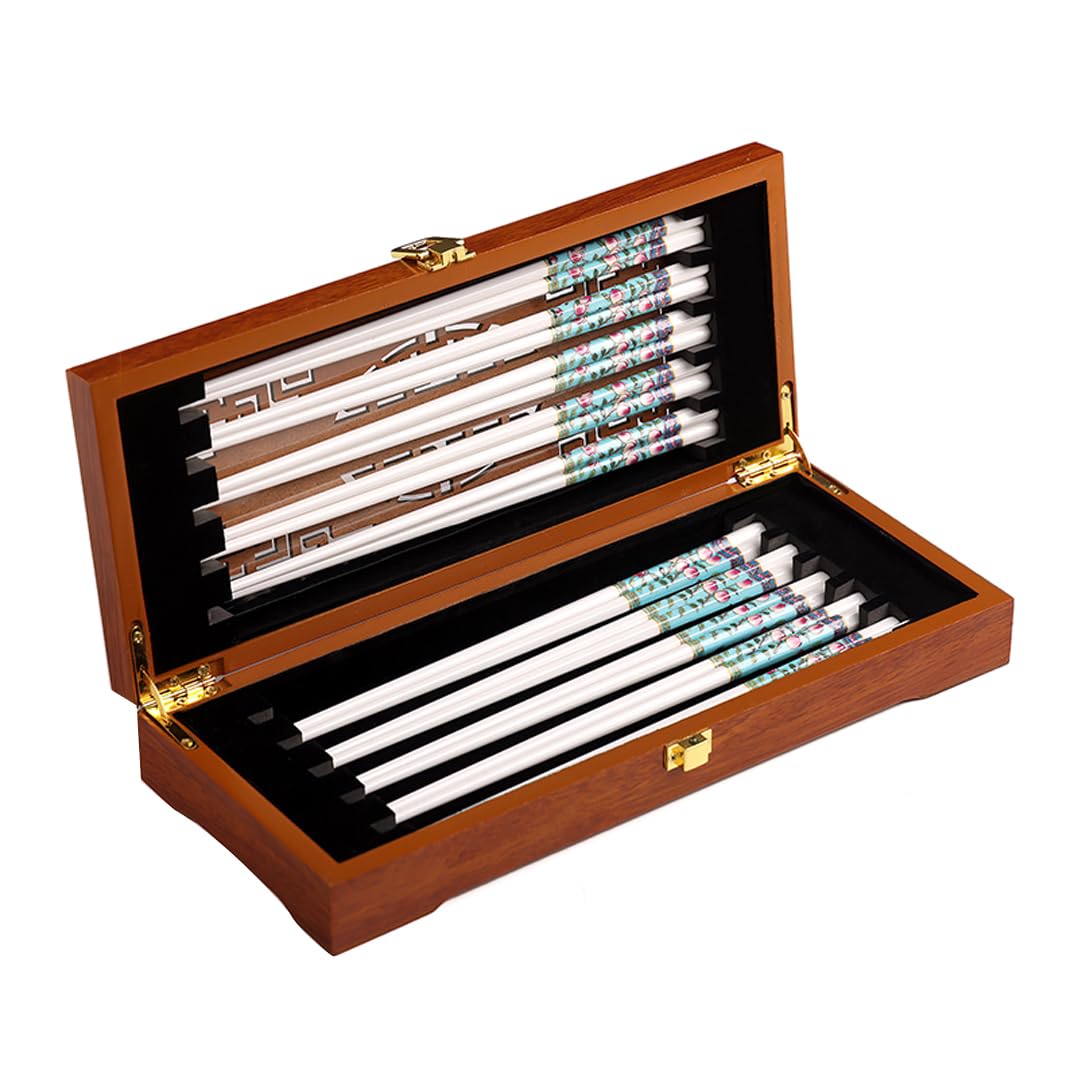 Baguettes en céramique, Coffret cadeau de 10 paires baguettes en porcelaine, motif pêche, coffret réutilisables avec étui, lavable au lave-vaisselle blanc(Blue)